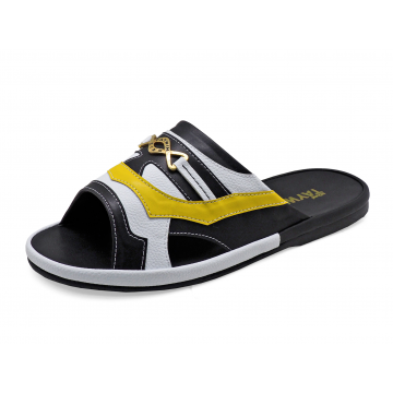 Men Sandals SKF-39 Black-White-Yellow Microfiber Leather